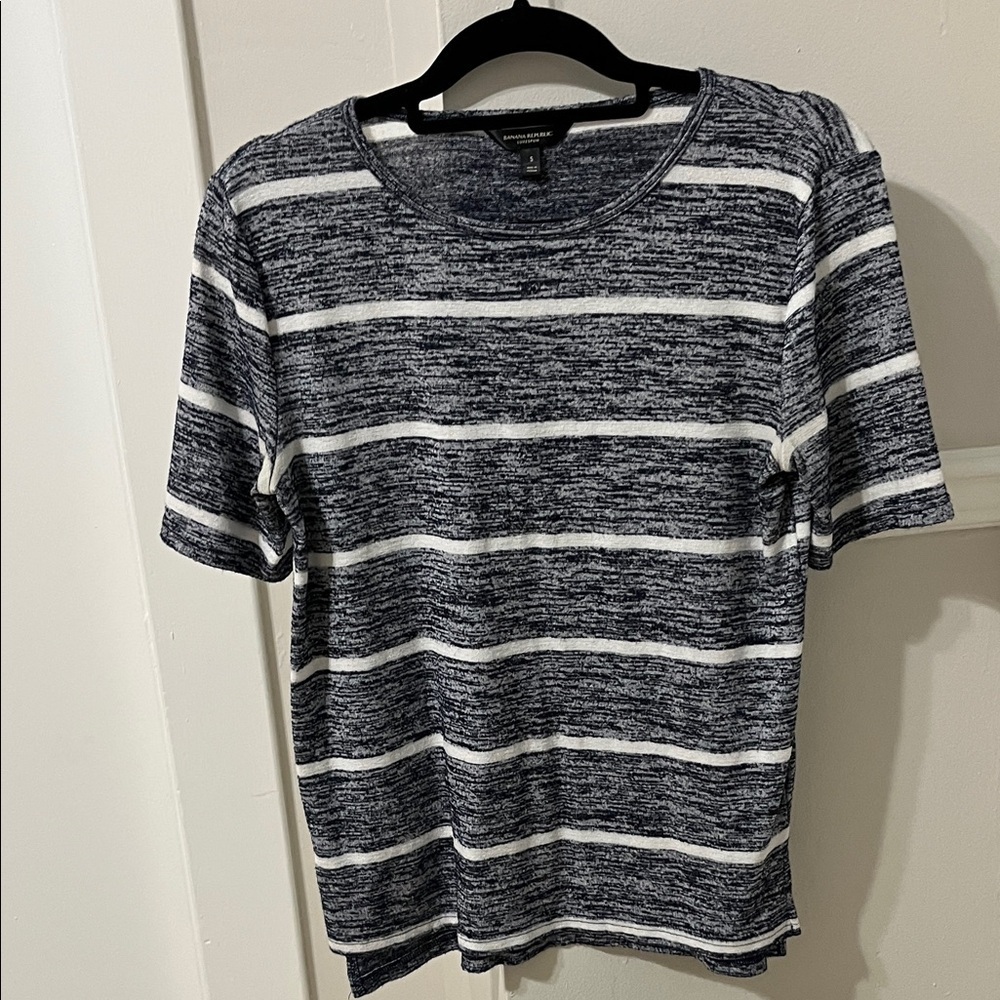 Banana Republic Navy and White Striped Short Sleeve Tee